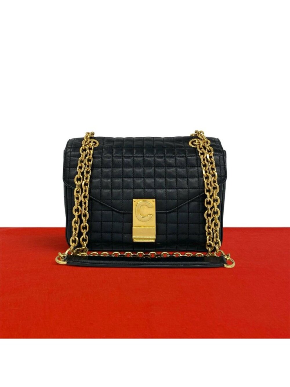 Celine C Leather 2-Way Chain Shoulder Bag Cross Pochette Black